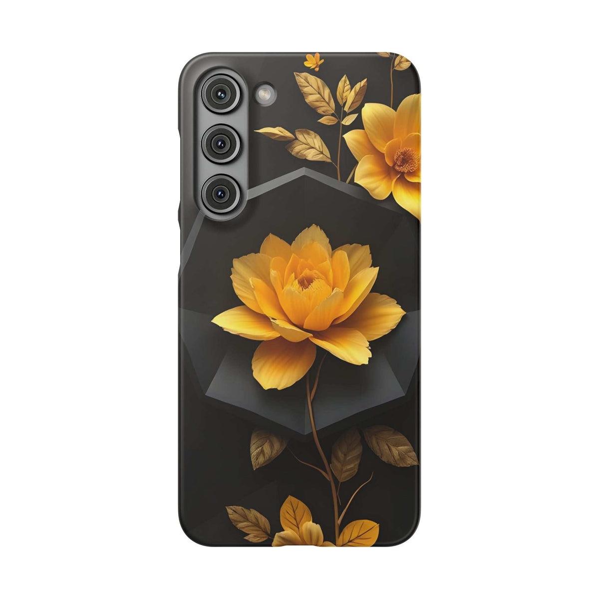 Black phone case with yellow floral artwork and gold foliage, camera openings