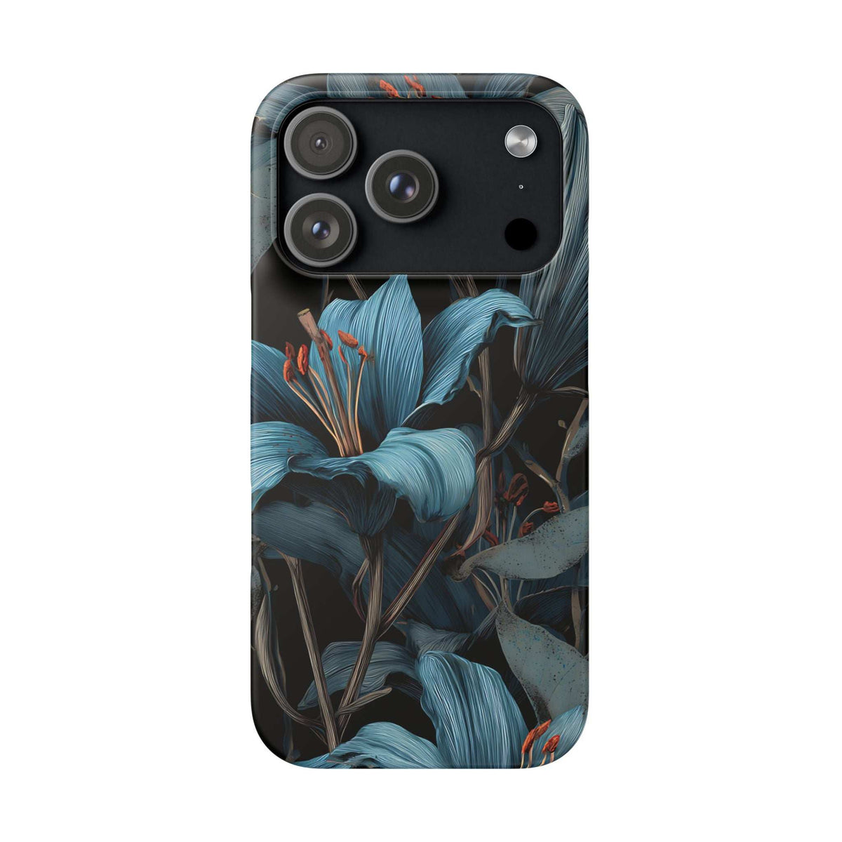Blue botanical phone case with three camera lenses and dark teal leaf artwork
