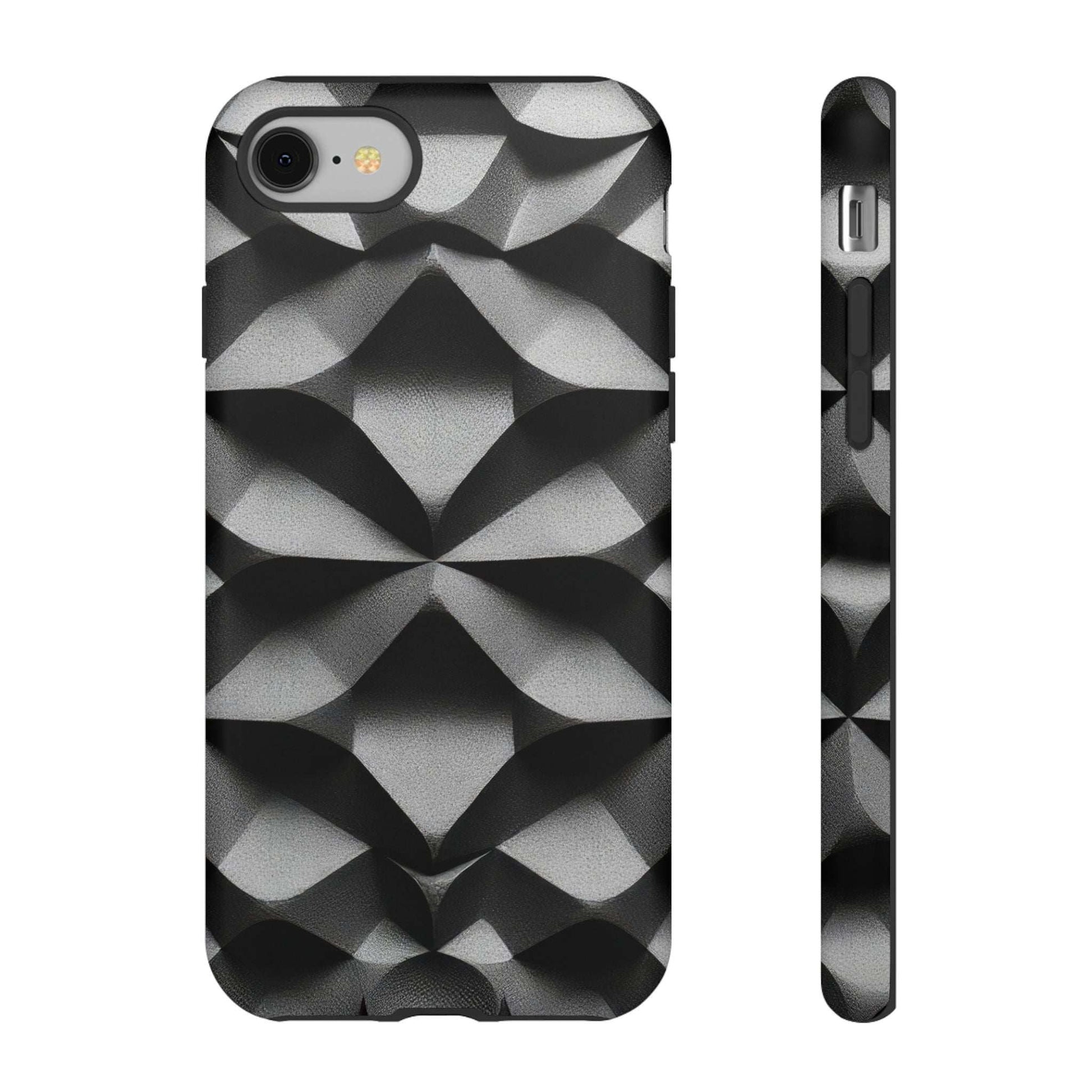 Black geometric tough phone case with silver diamond pattern, front with side profile.