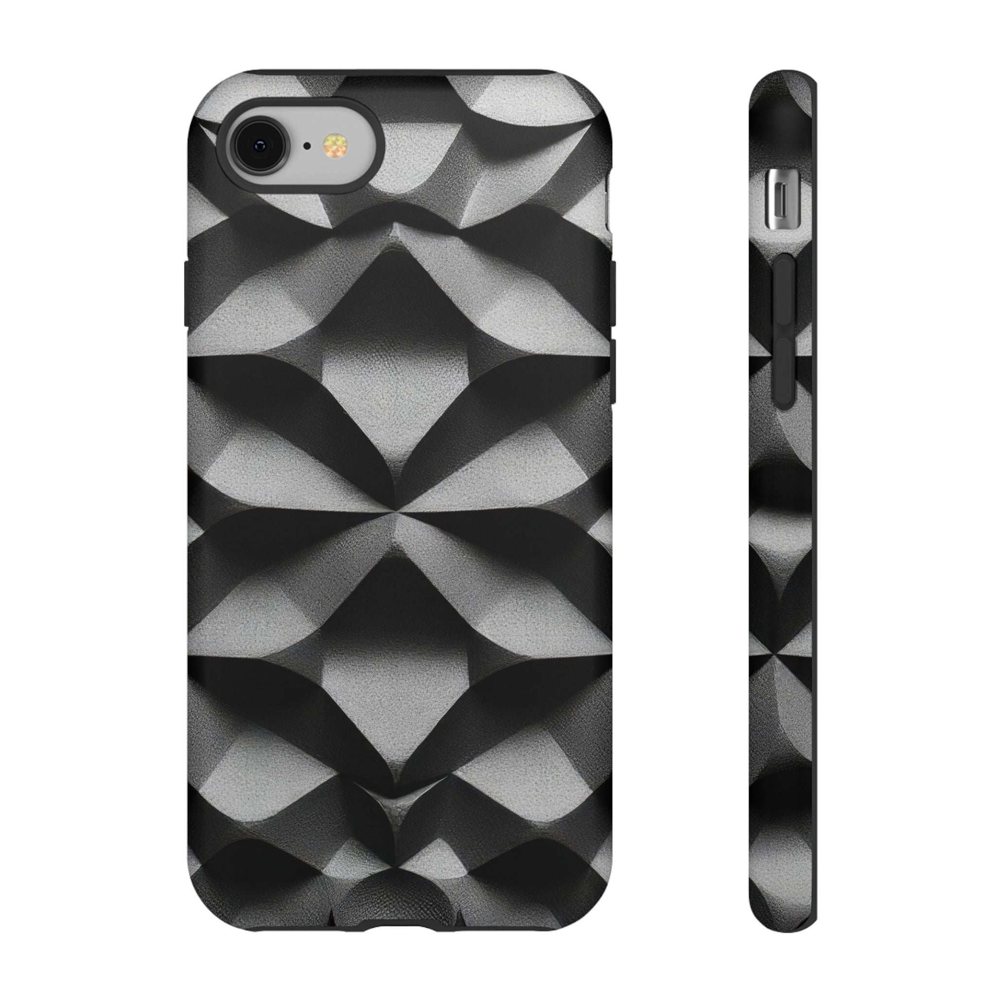 Black geometric tough phone case with silver diamond pattern, front with side profile.