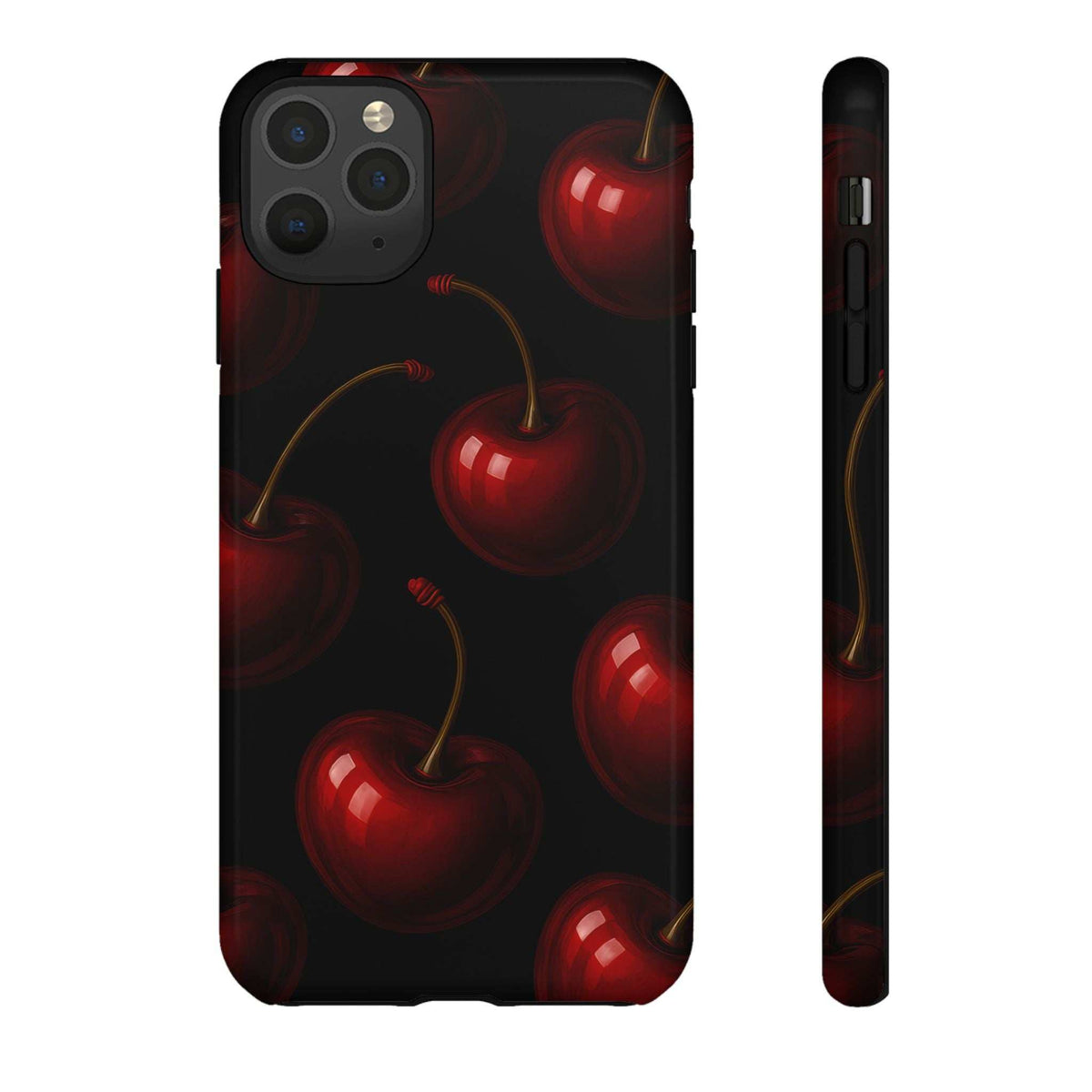 Cherry phone case with glossy black look, red cherries pattern, and visible side profile