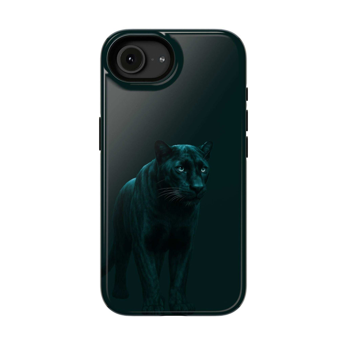 Phone case with dark panther graphic, single top camera cutout and flash window; side buttons