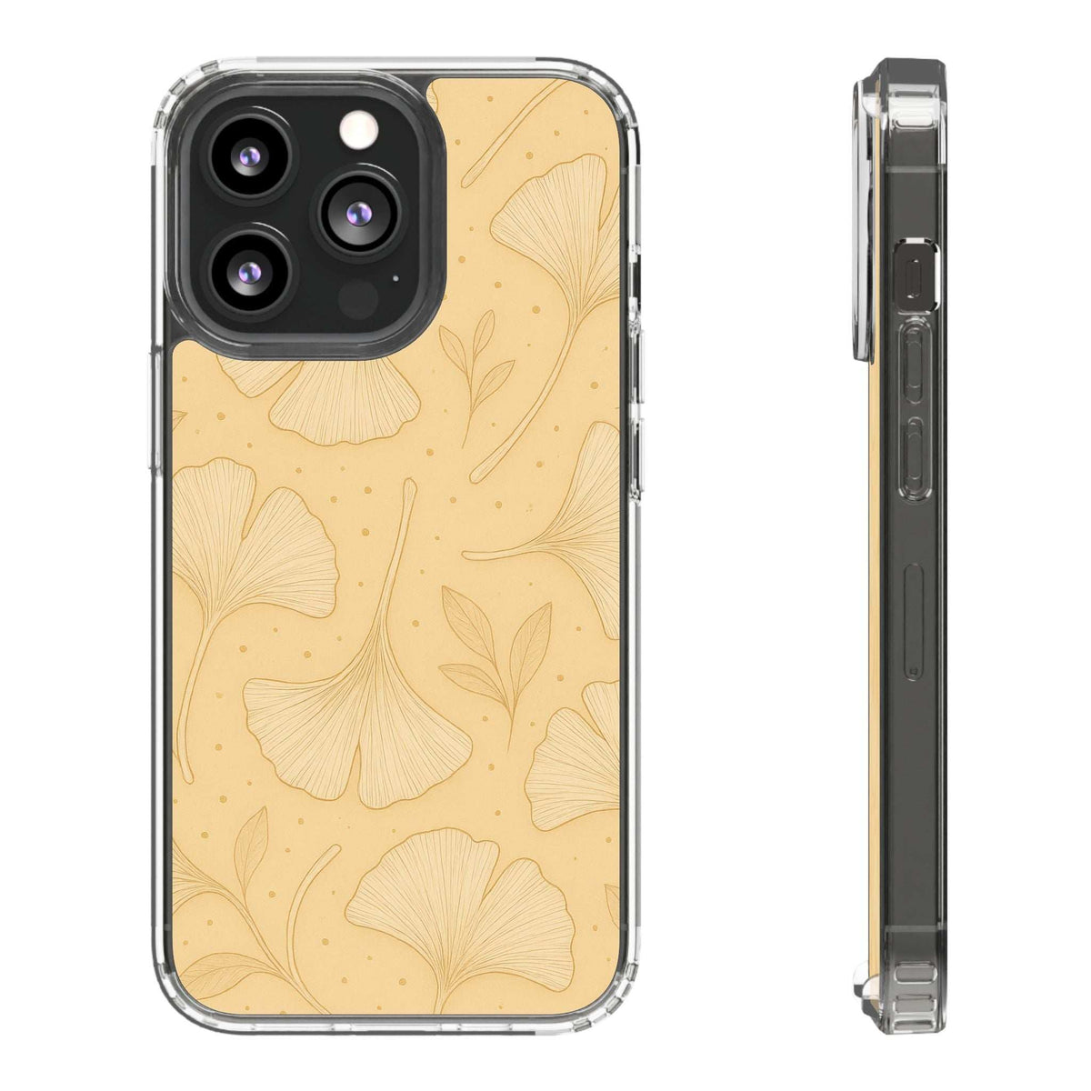 Tan ginkgo floral phone case front view, camera cutout and clear protective rim on sides
