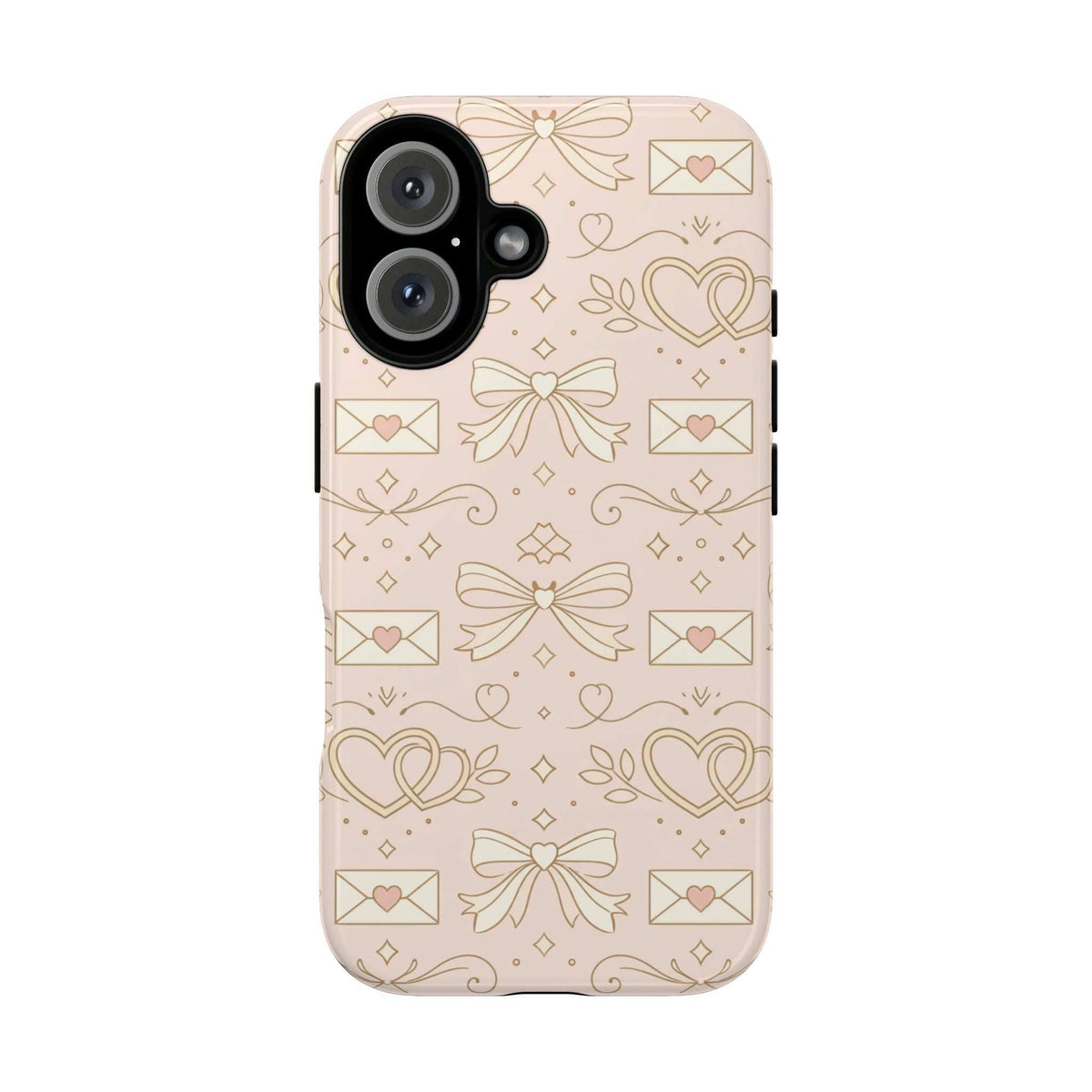 Light pink tough phone case with gold hearts and bows; raised edges around camera openings