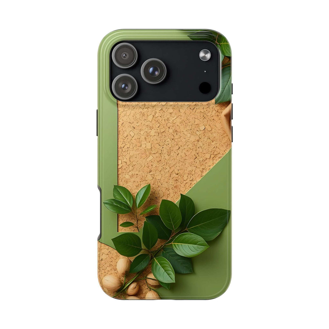 Eco phone case in green with tan cork texture, leaf graphics, and camera cutouts