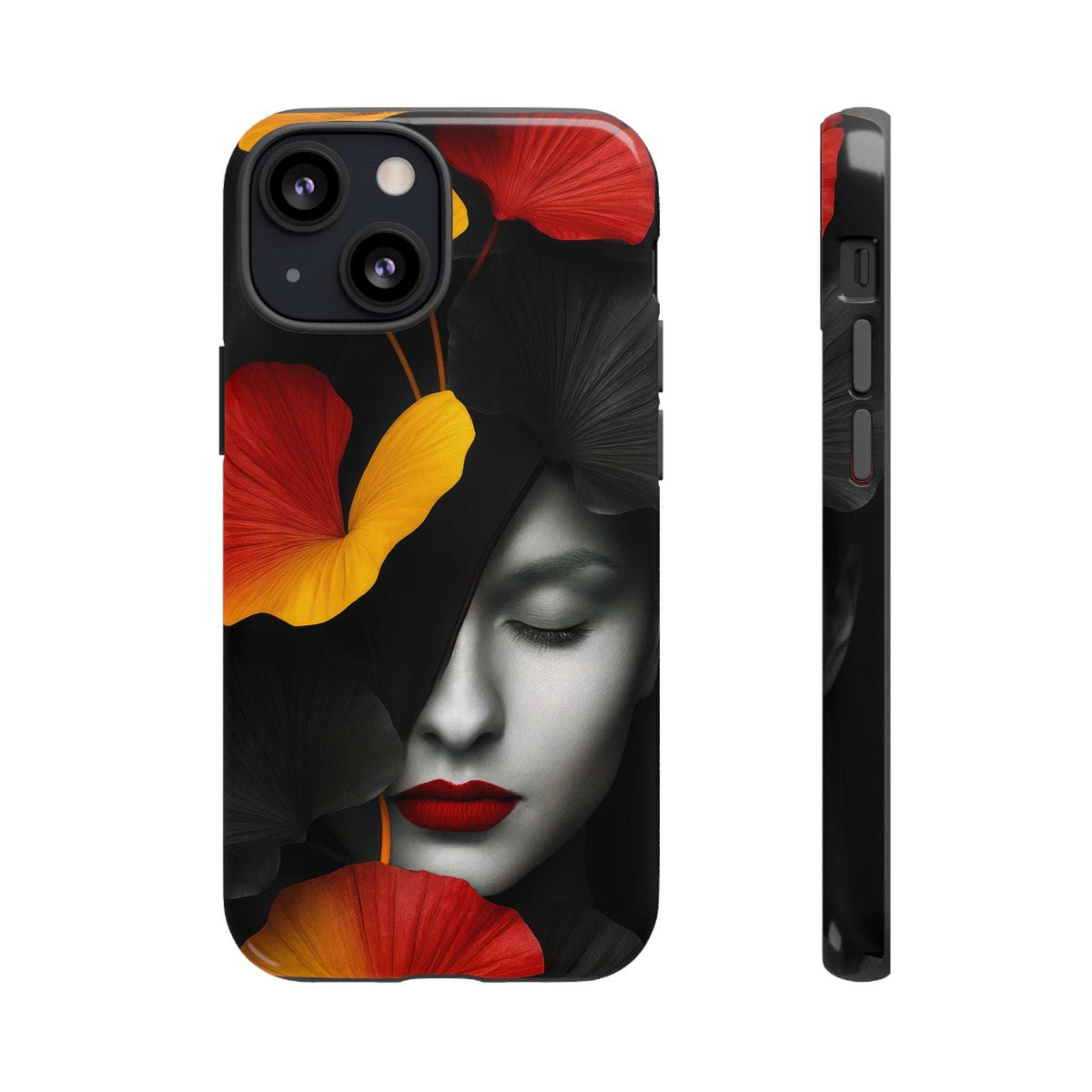 Glossy phone case with floral woman portrait design in black, red, yellow, and orange.