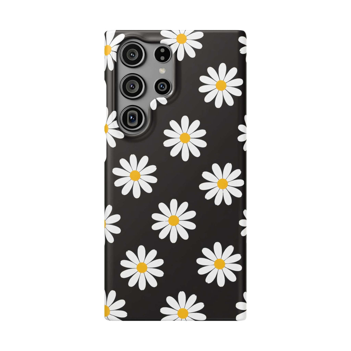 Black phone case with white daisies and yellow centers; raised camera module at top-left