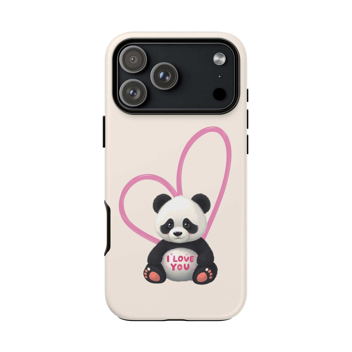 Cream iPhone phone case with cute panda in a pink heart and “I love you,” camera cutout