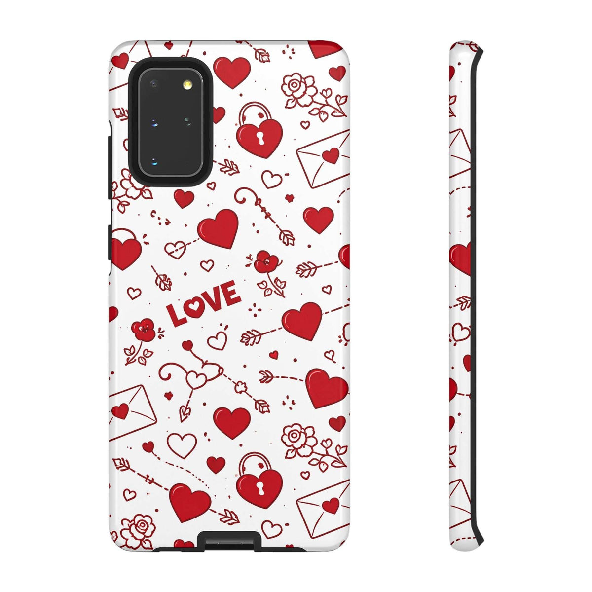 White phone case with red heart and Valentine doodle pattern; camera cutout and side buttons visible.