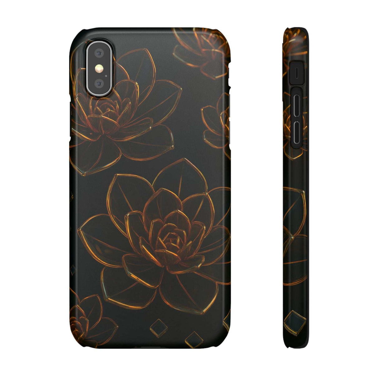 Glossy glass phone case in black with gold flower pattern; side buttons and camera cutout visible
