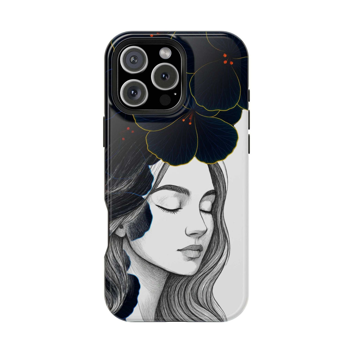 Phone case featuring a woman portrait with blue flower accents and camera cutouts