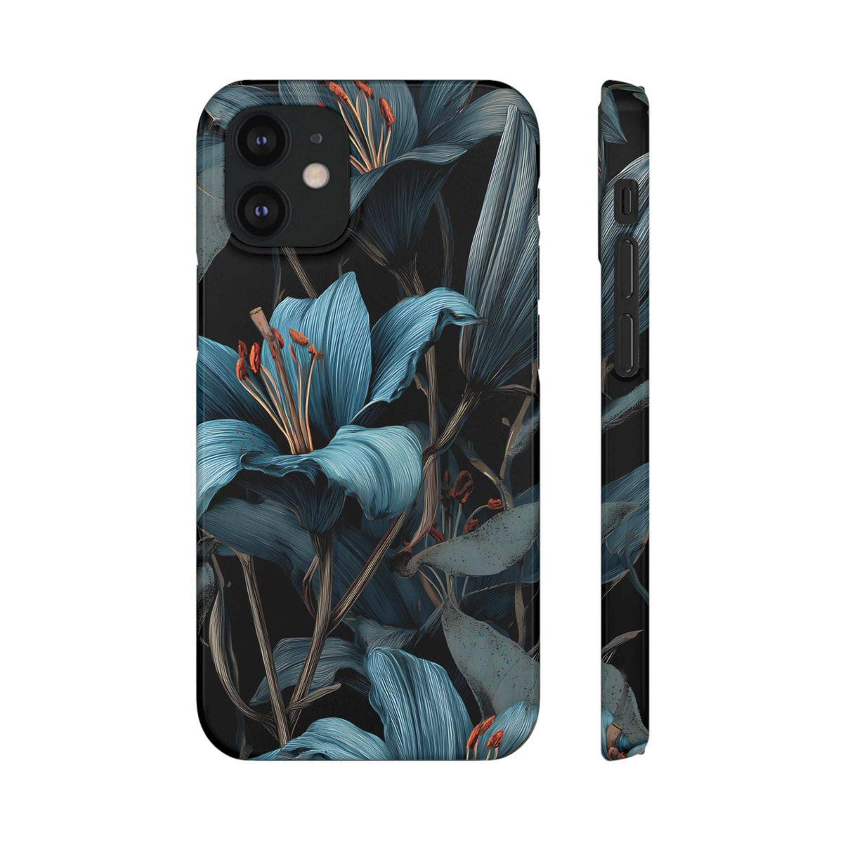 Blue floral phone case front with camera cluster cutouts and side button openings.