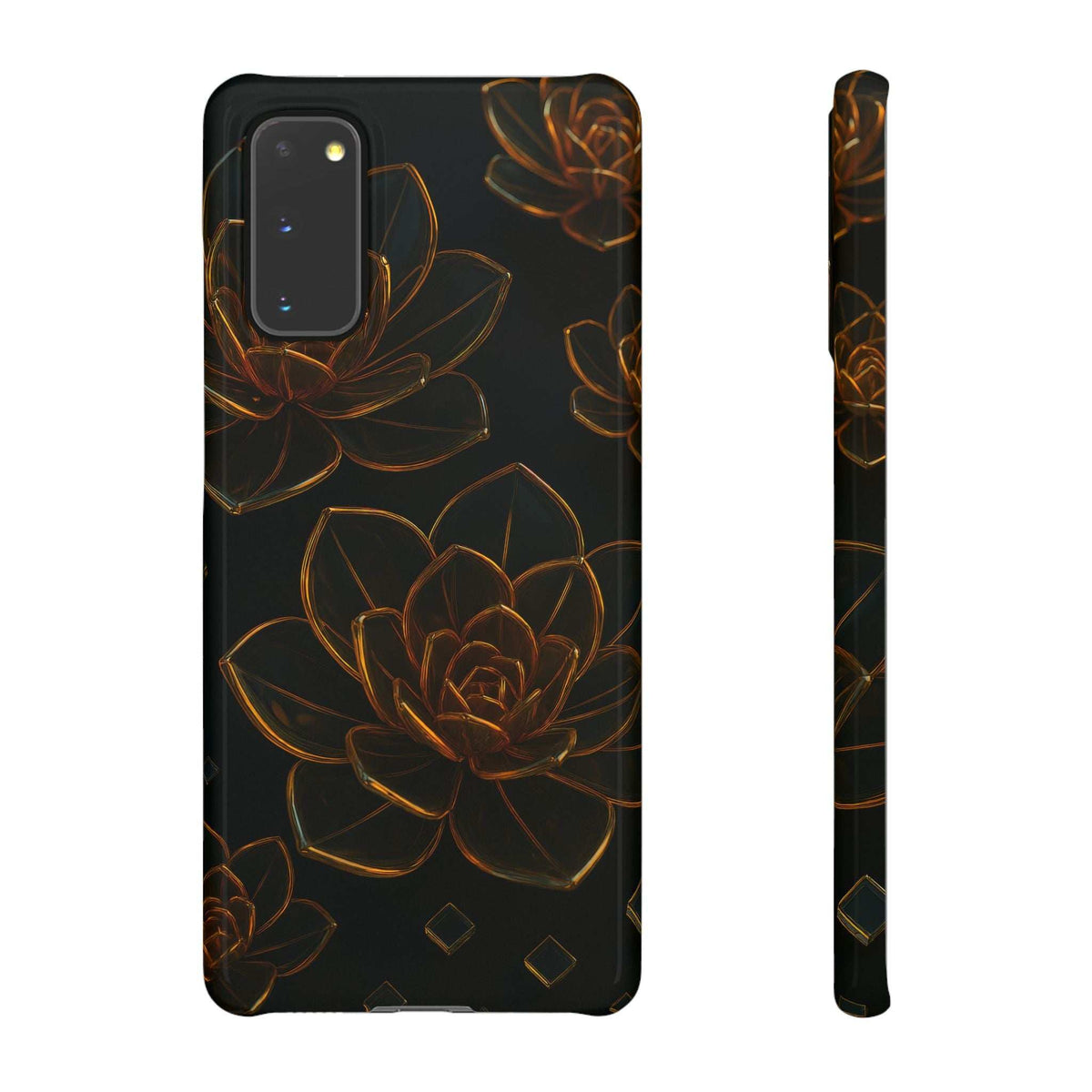 Glossy glass phone case, black with bronze flower and leaves; side profile visible.
