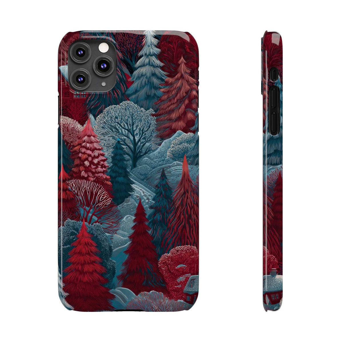Phone case front and side view with red pine trees and blue snowy forest pattern