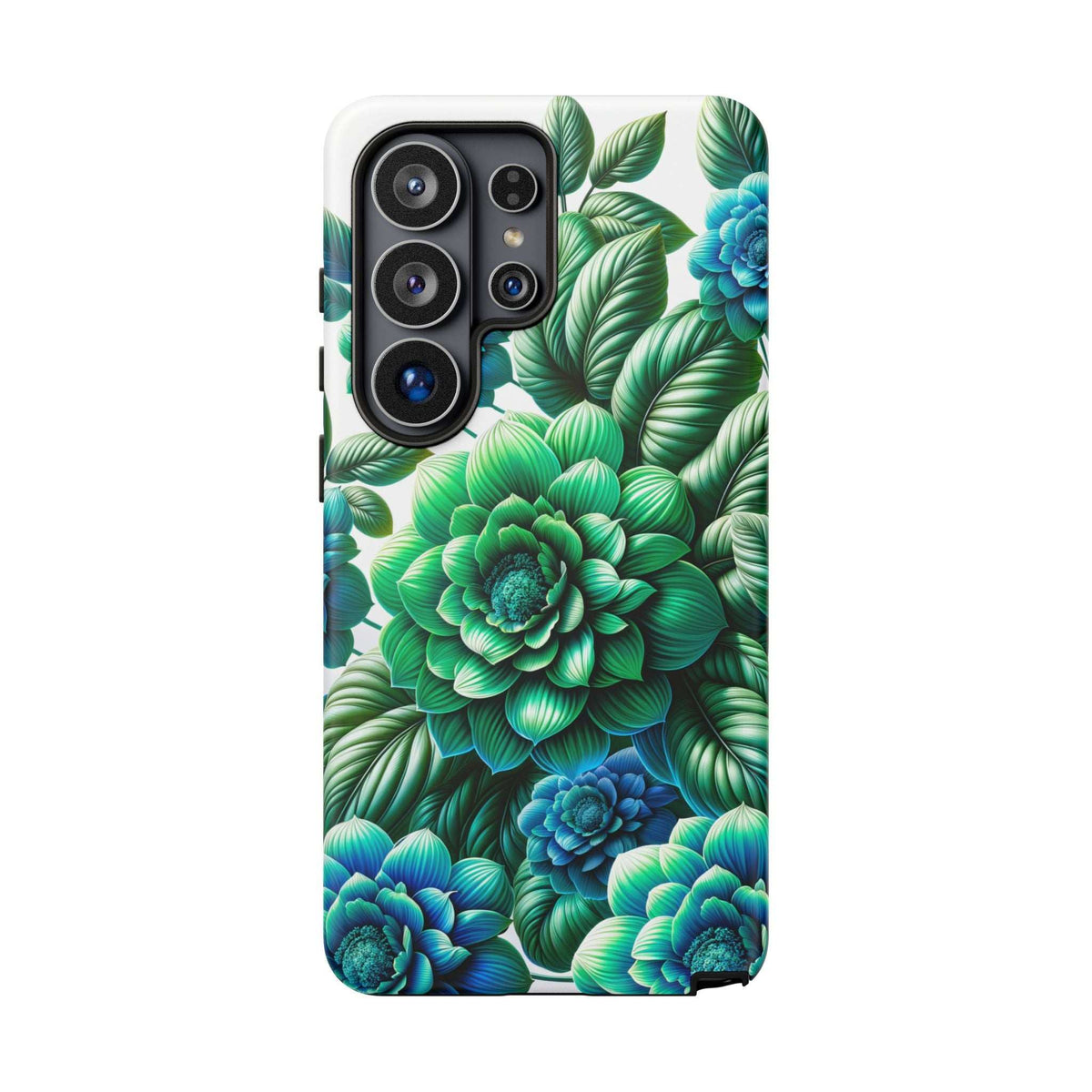 Floral phone case with green and blue leaves and blooms, triple-lens camera cutout