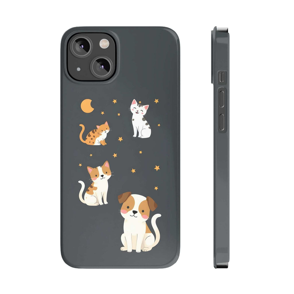 Dark gray iPhone case showing cat and dog illustration with stars and moon, camera cutout