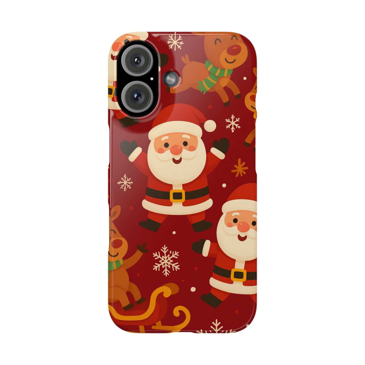 Red Santa holiday phone case with snowflakes, gingerbread, and heart motifs; camera cutouts
