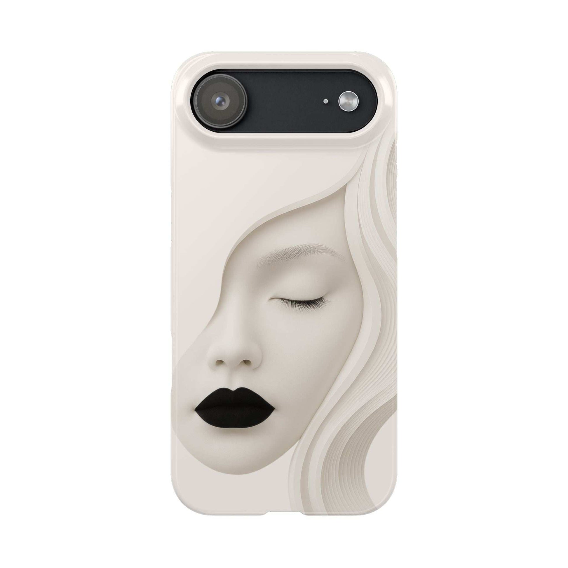 Minimalist face phone case for iPhone 11–17, beige back with black lips and eye graphic.