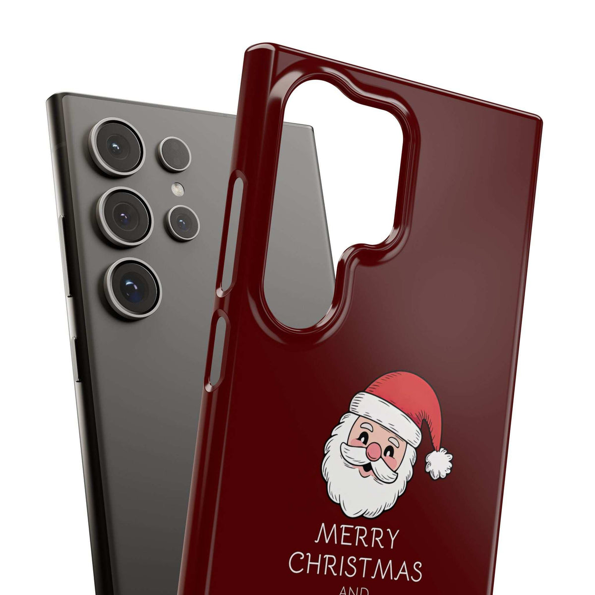 Maroon glossy phone case with Santa graphic and protective raised camera section