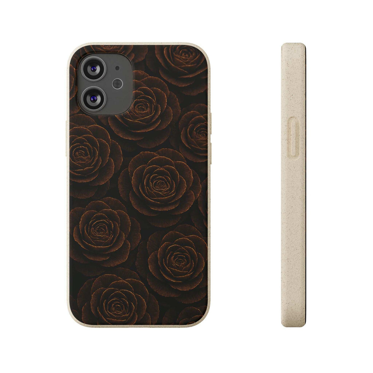 Phone case with dark rose design and visible side profile; camera cutout on back.