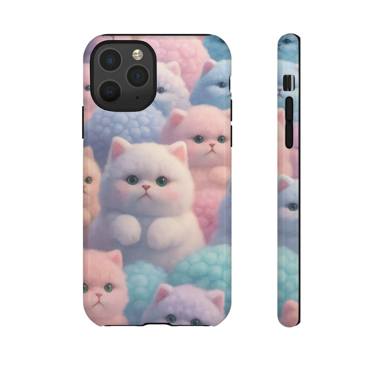 Glossy pastel kitten phone case showing cats pattern, with back camera cutout