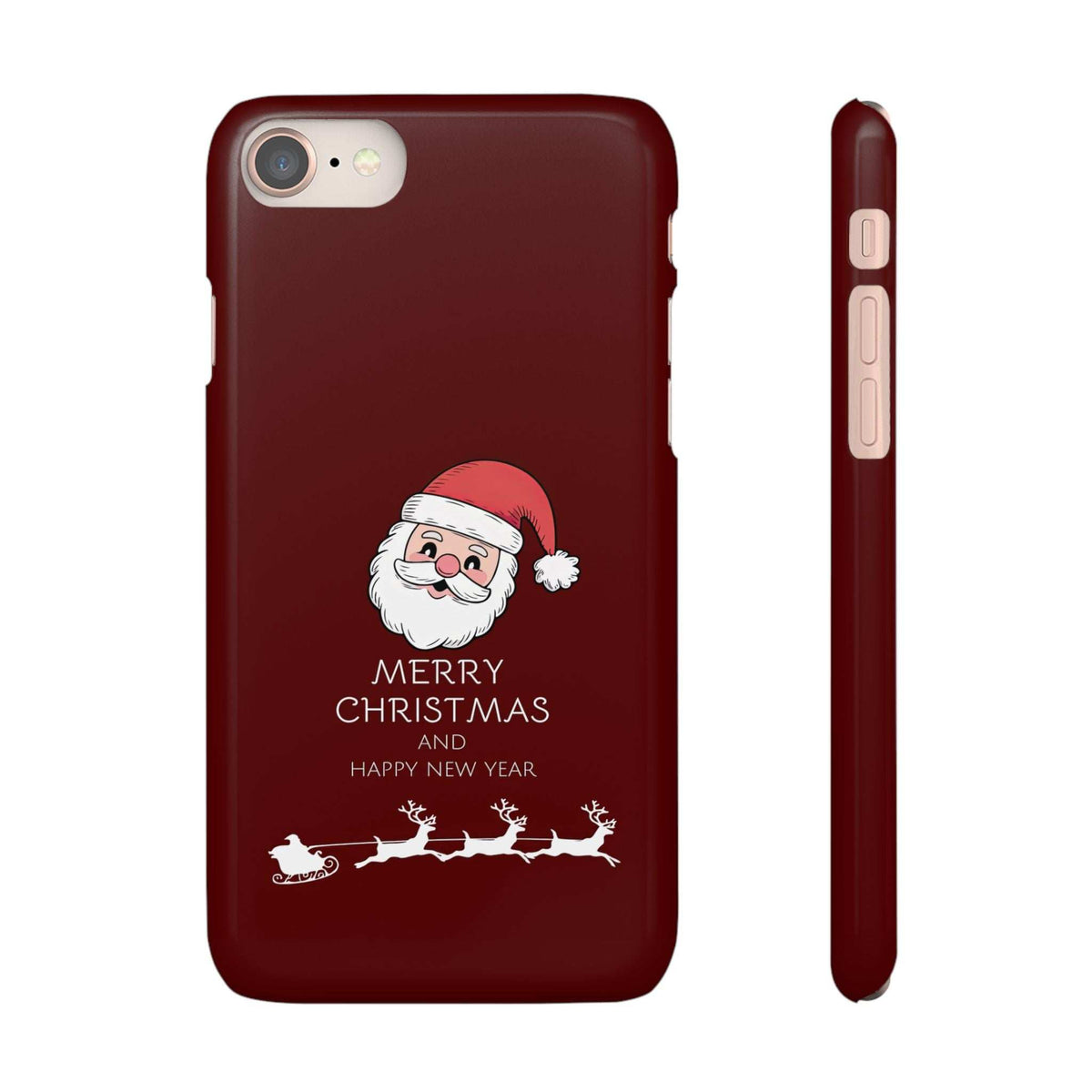 Red glossy phone case showing back and side with Santa Merry Christmas graphic