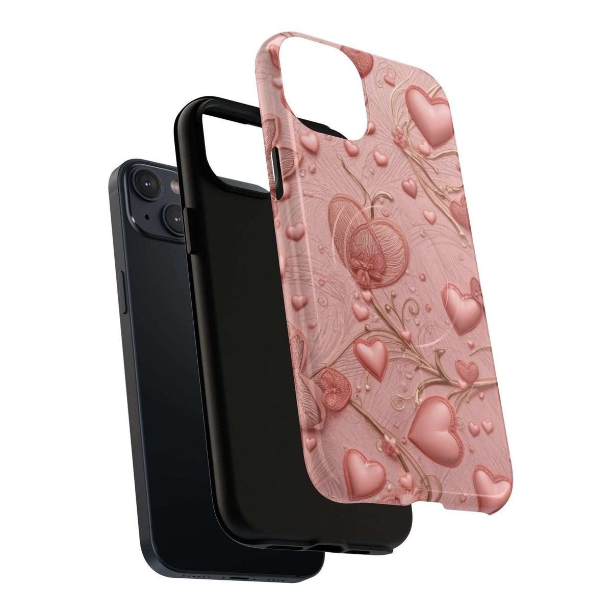 Pink phone case showing raised hearts and flowers texture, with top camera cutout