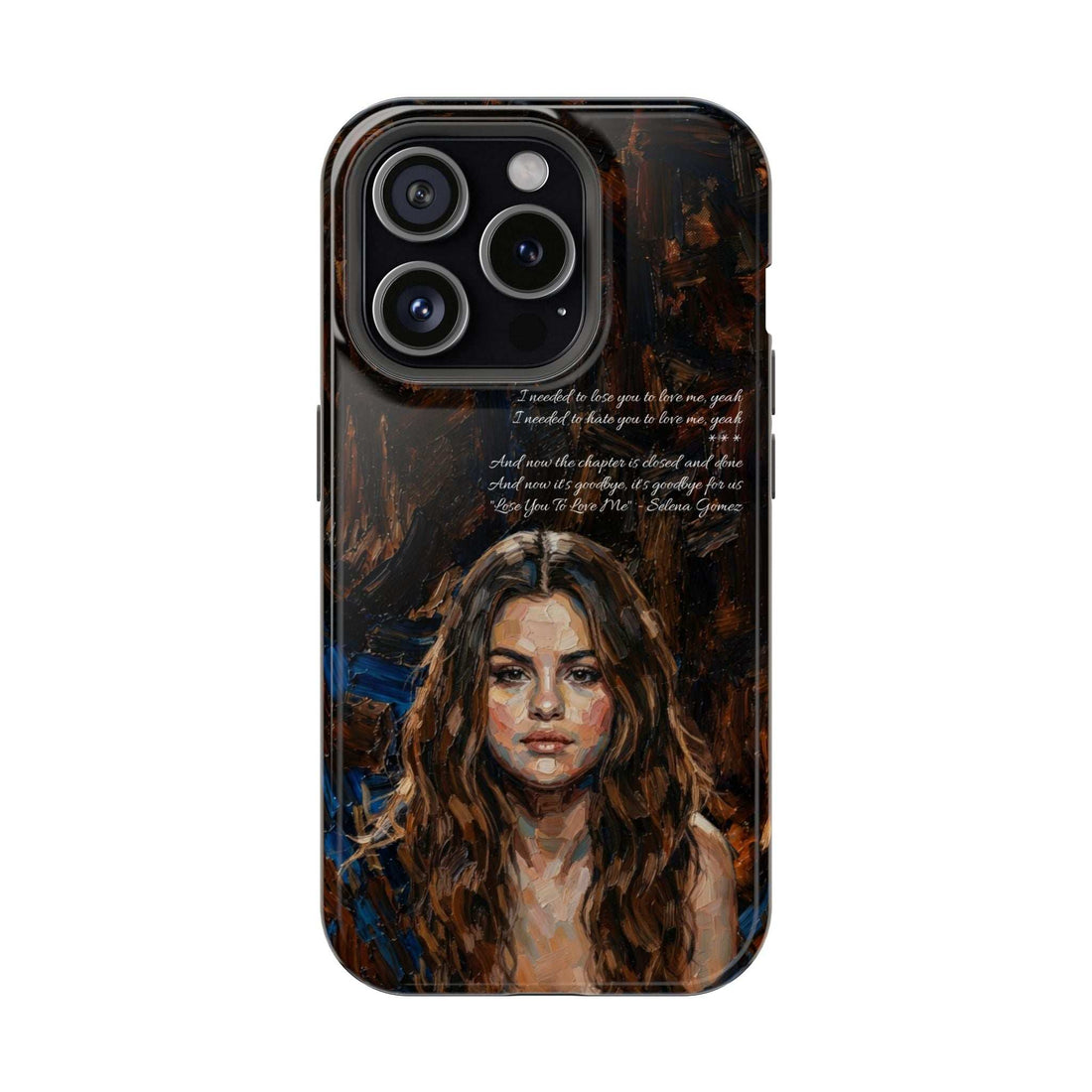 Tough phone case with dark portrait artwork, raised camera lens cutouts.