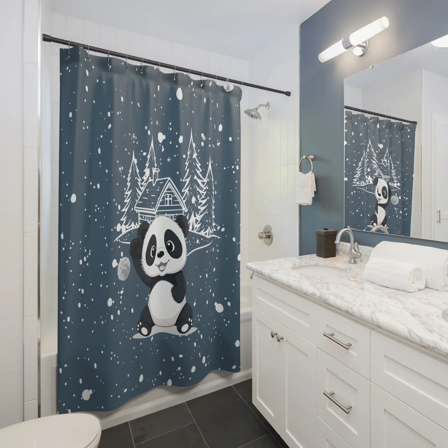 Cute Panda in Snowy Forest Shower Curtain – Cozy Winter Bathroom Decor - KarArmDesign