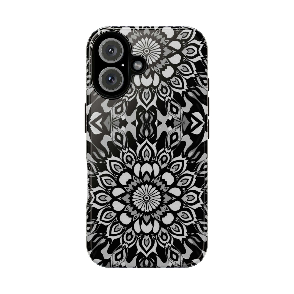 Black and white mandala phone case with camera cutouts and raised lip around edges