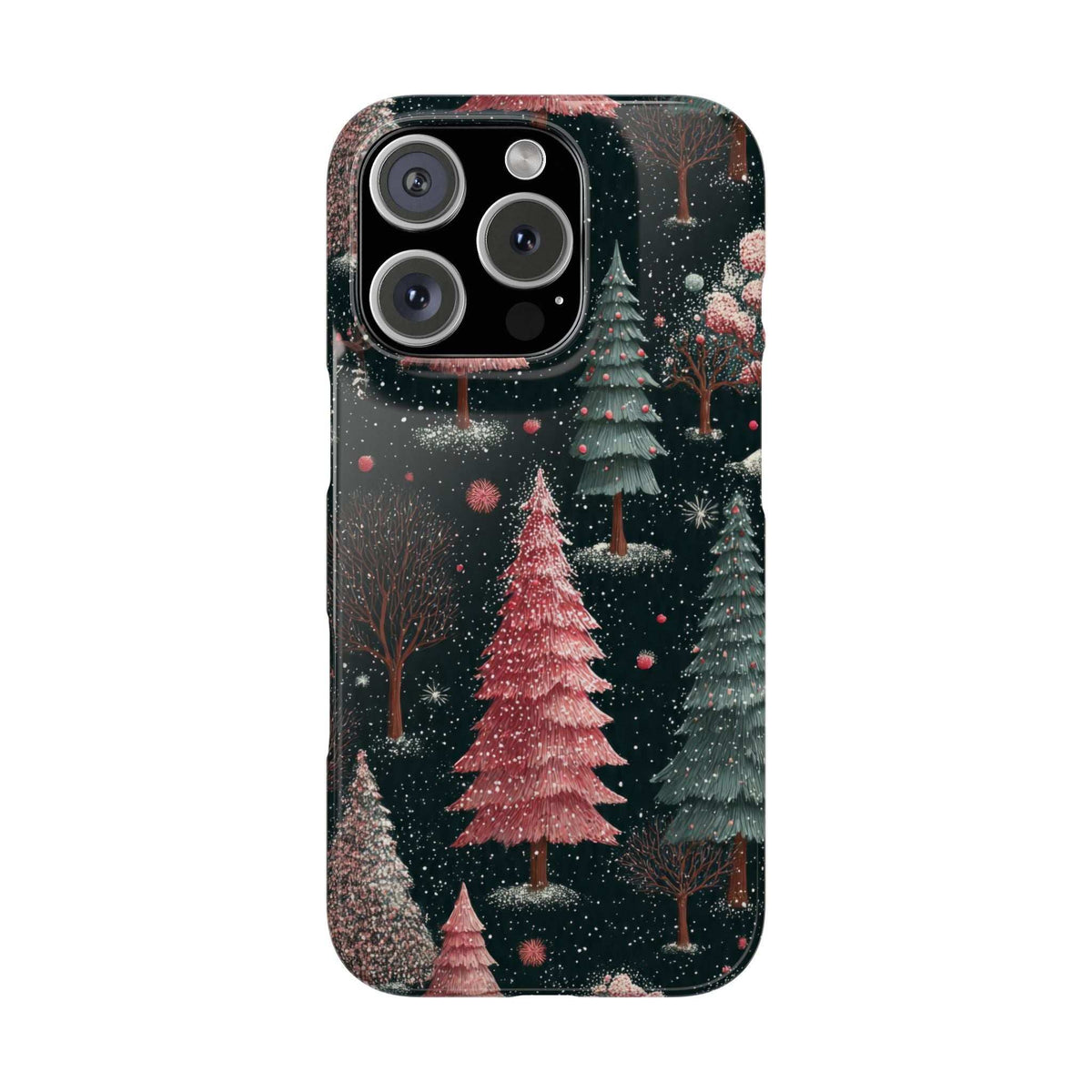 Glossy phone case with dark winter forest and pink trees; multi-camera cutout