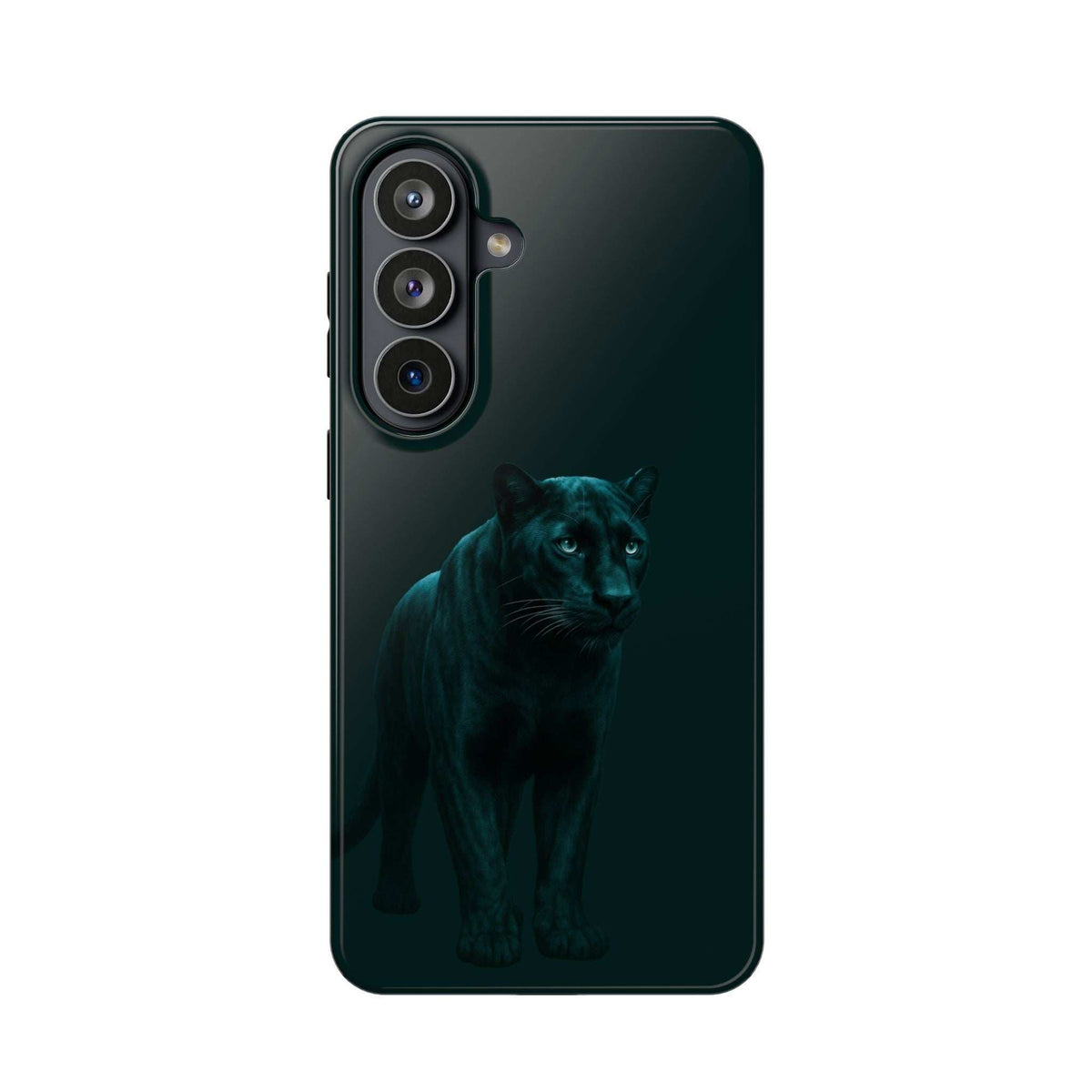 Black phone case with teal panther graphic, back view with triple-lens camera area