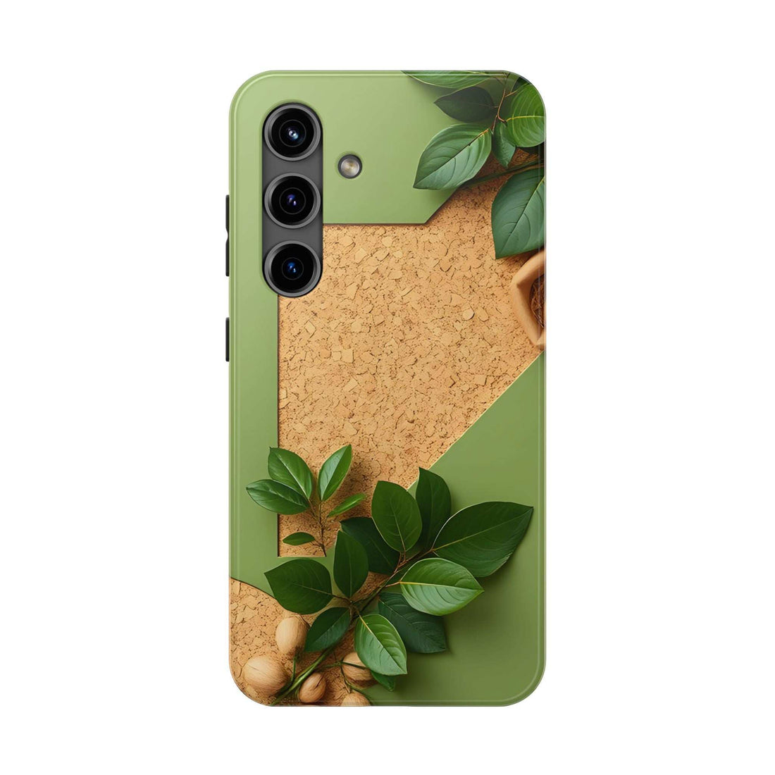 Eco phone case in green with tan cork texture, leaf graphics, and camera cutouts