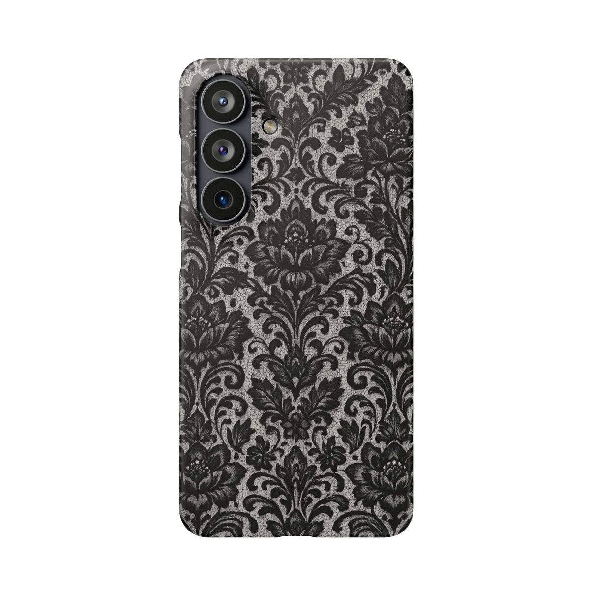 Black damask floral phone case with camera cutouts, front view