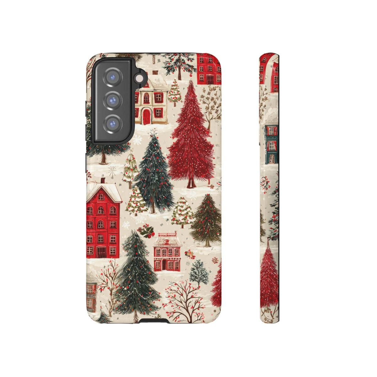 Winter village phone case with snow scene, red houses, tall trees, and camera module cutout.