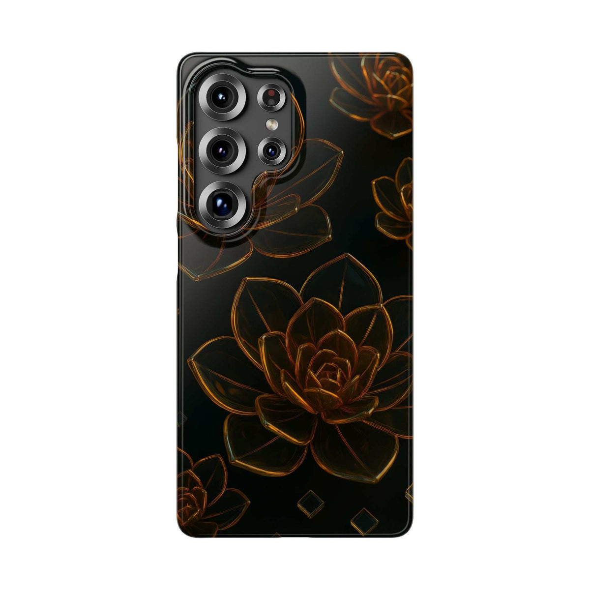 Glossy black glass phone case with amber floral design and multi-camera cutouts