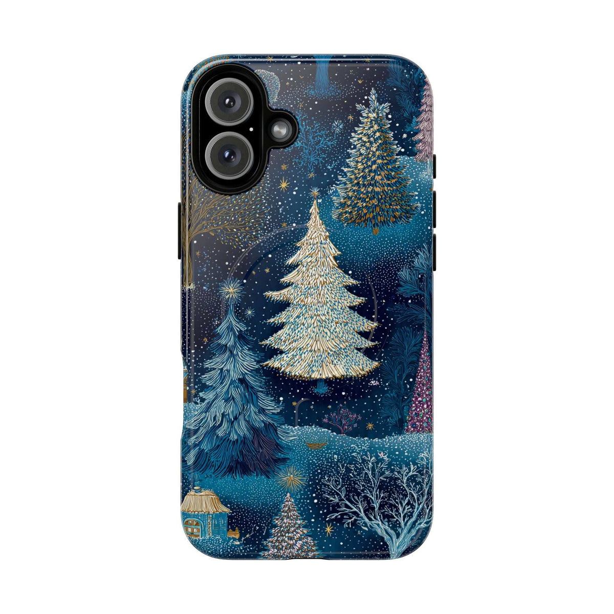 Glossy blue phone case featuring tall snowy trees and glittery sky; side buttons cut.