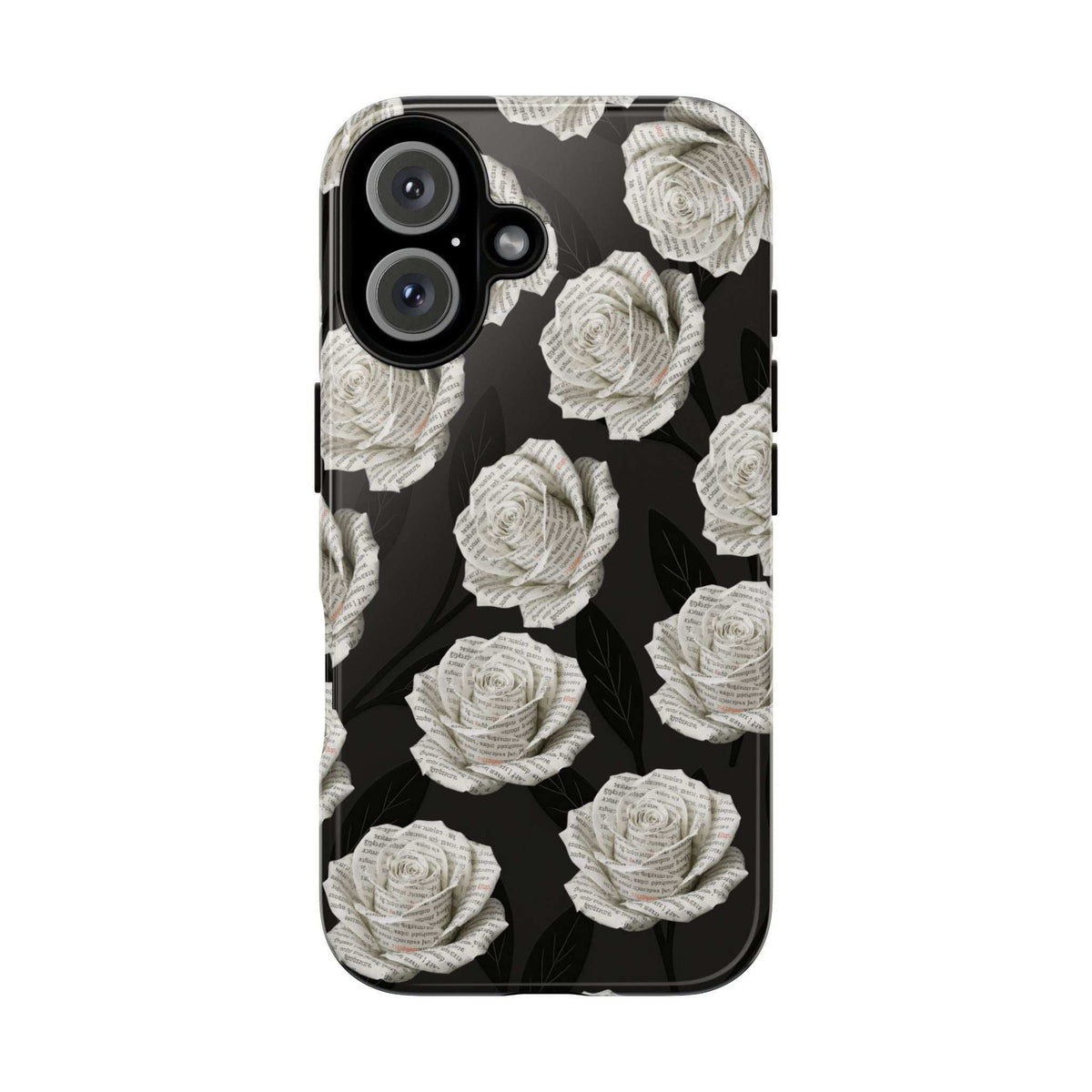Phone case with black background and white rose pattern, camera lenses visible