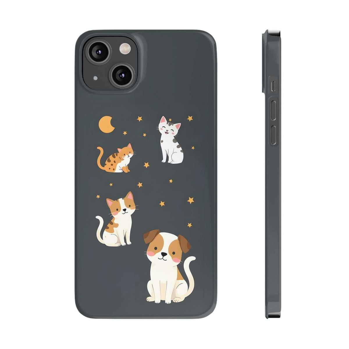 Dark gray iPhone case with cat and dog illustration, stars and moon, raised camera lens cutouts