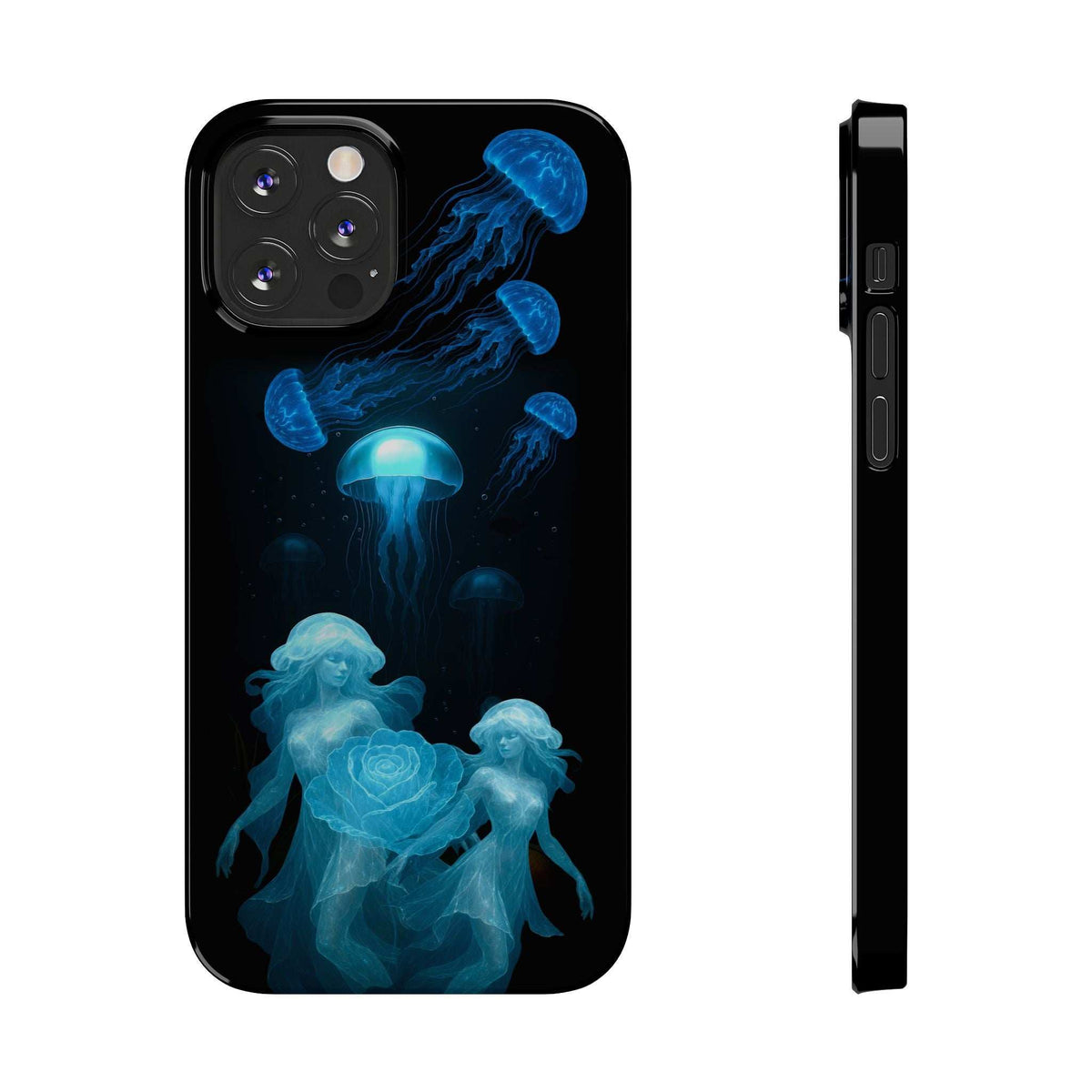 Black phone case with blue jellyfish and rose design, front view and side profile.