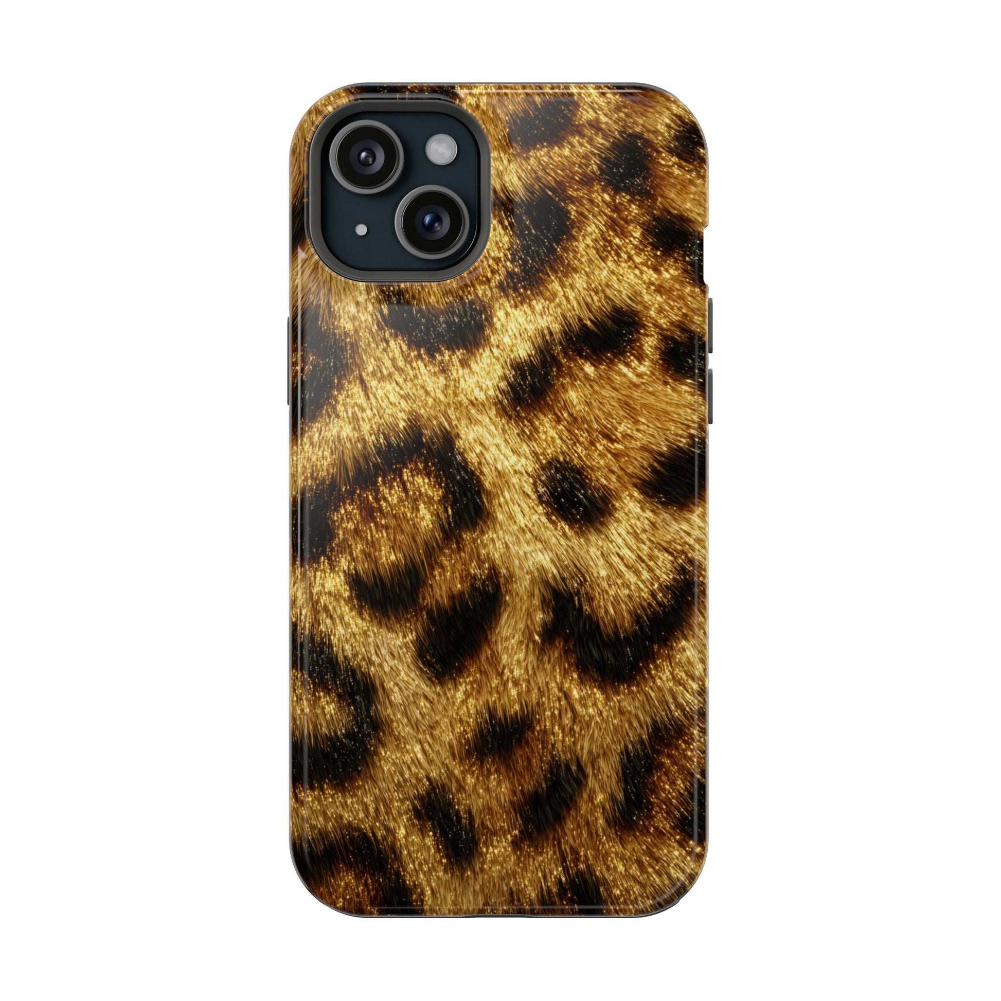 Glossy leopard print phone case in gold and dark spots, with multi-lens camera cutout.