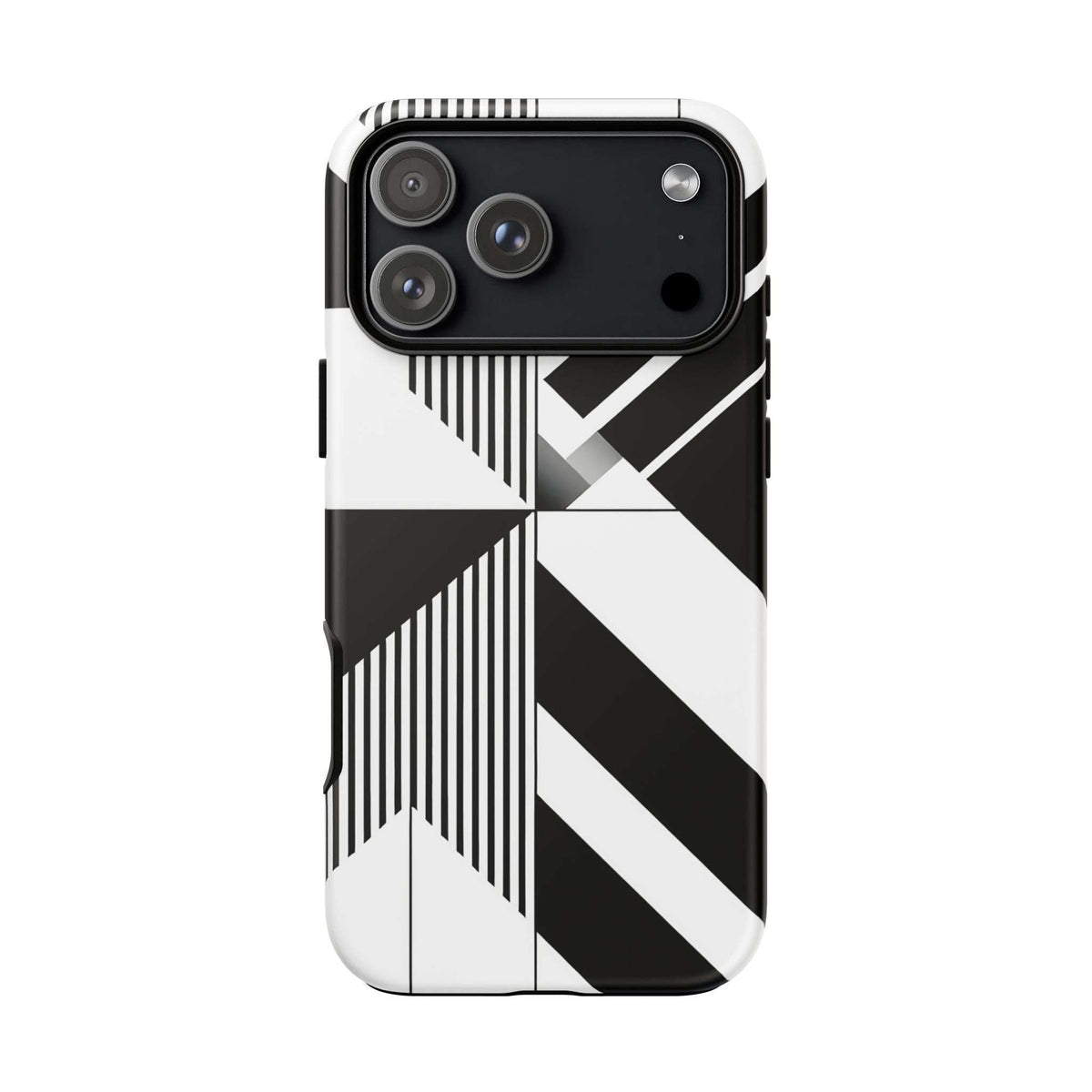 Monochrome tough phone case with high-contrast geometric stripe and chevron pattern on back