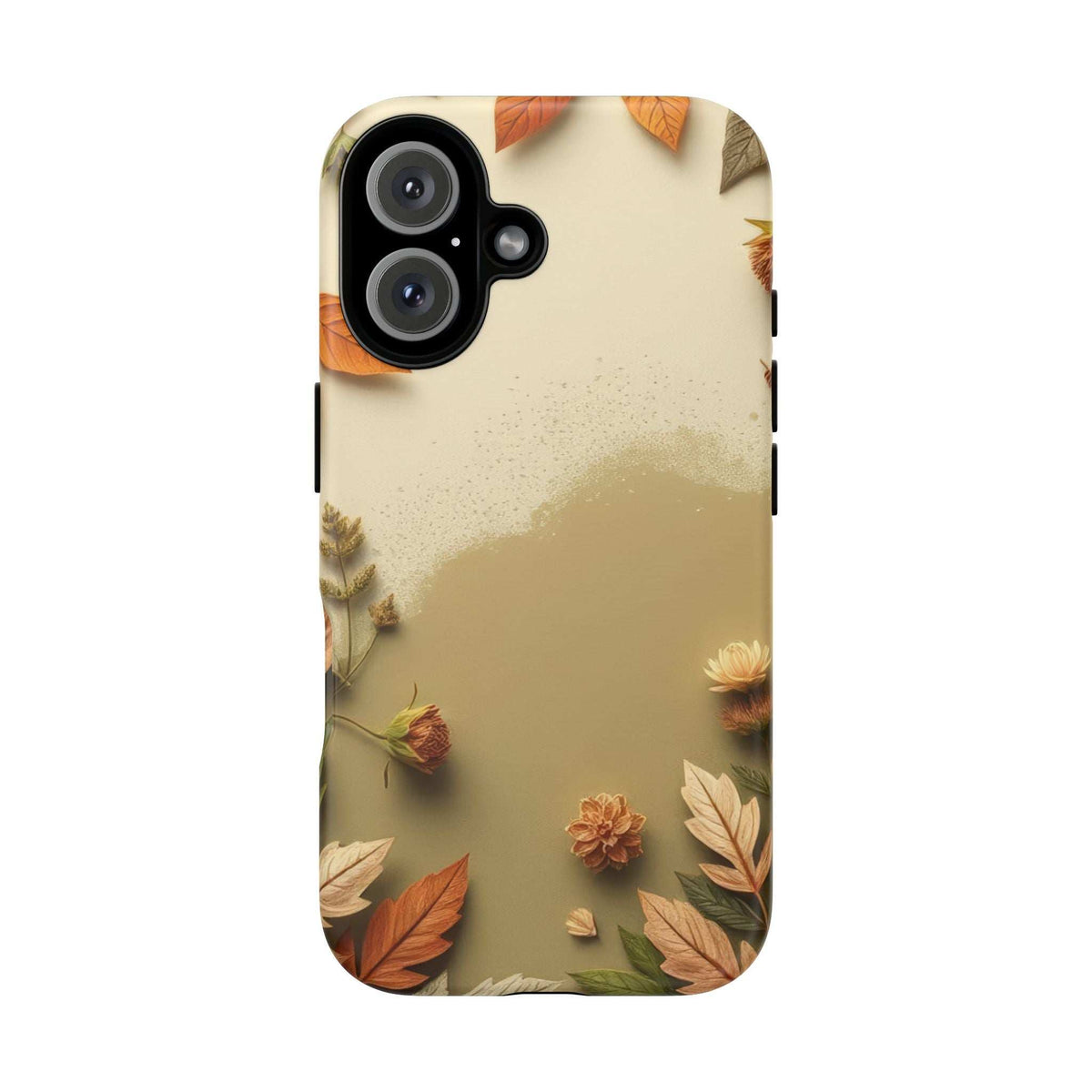 Phone case with beige backdrop and scattered autumn leaves and blooms; black camera circles