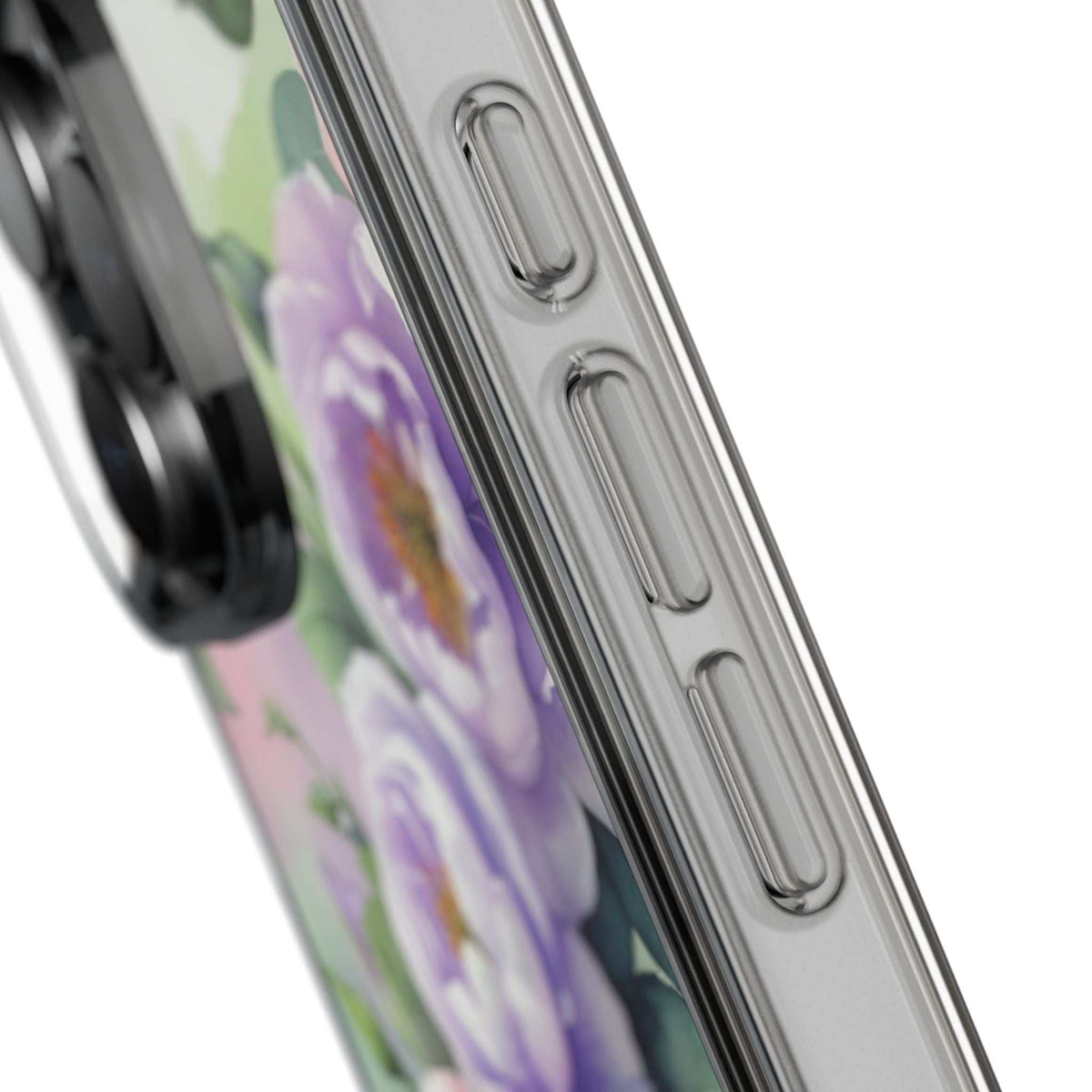 Clear floral phone case close-up of side button cutouts on the translucent frame