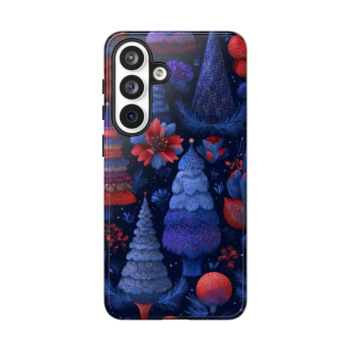 Glossy midnight blue phone case with forest trees, red poinsettia flowers, and ornaments.