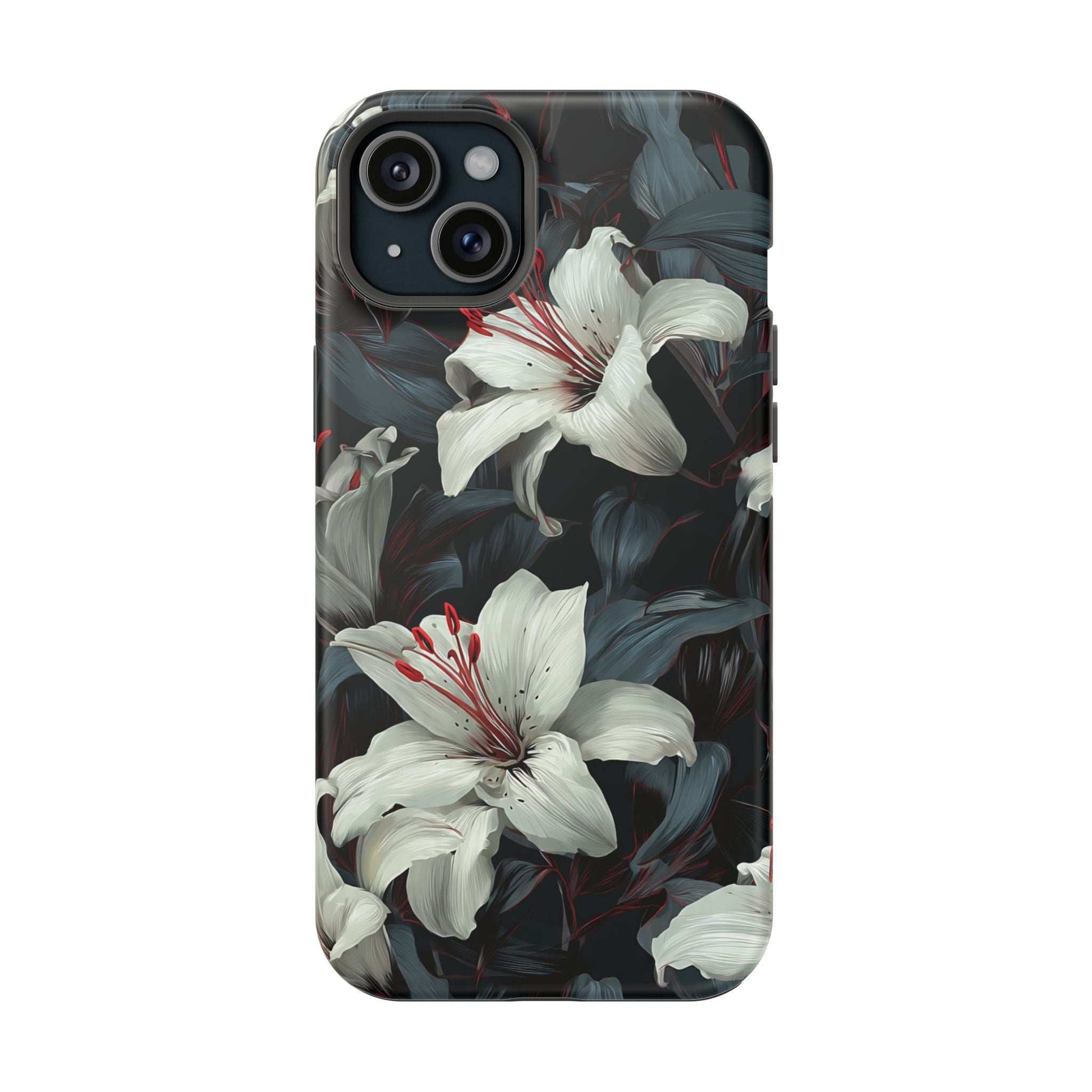 iPhone phone case with white lilies, red speckles, and dark leaves, sleek protective edges