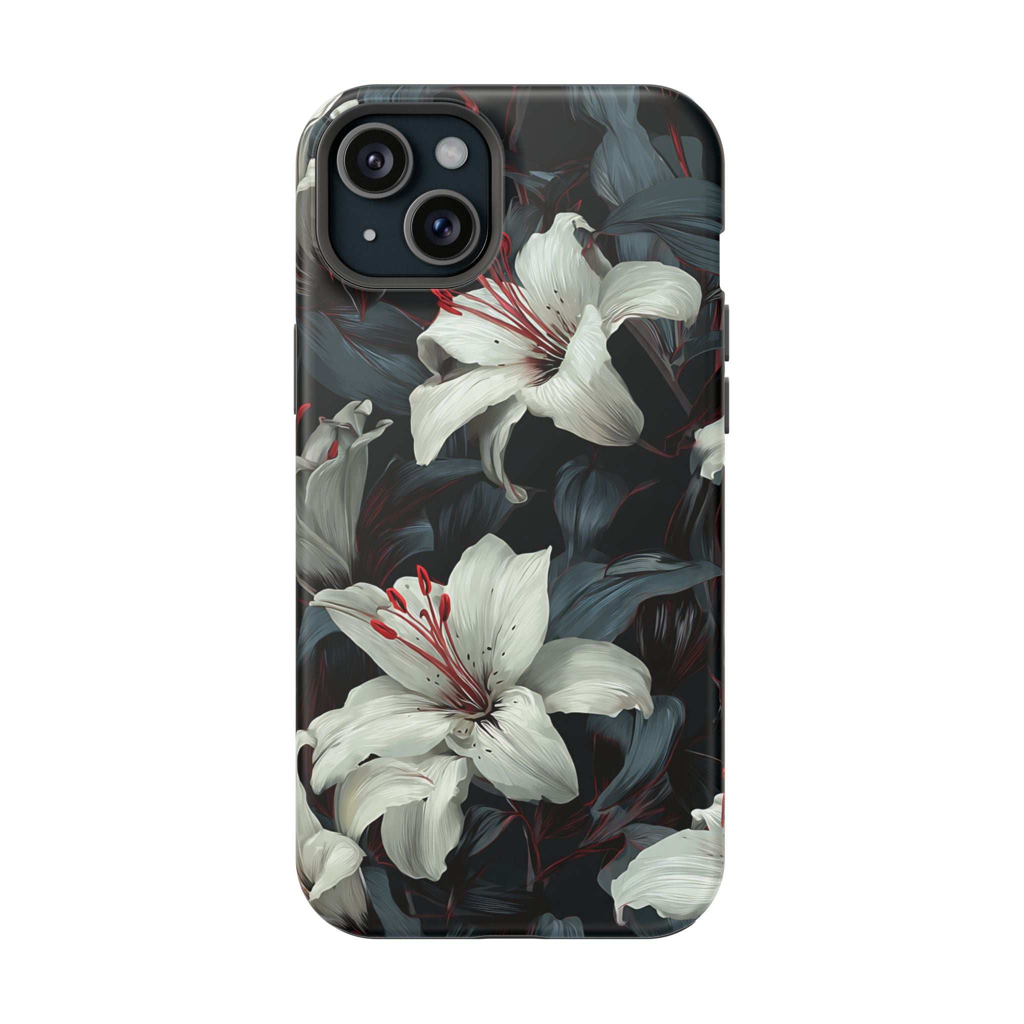 iPhone phone case with white lilies, red speckles, and dark leaves, sleek protective edges