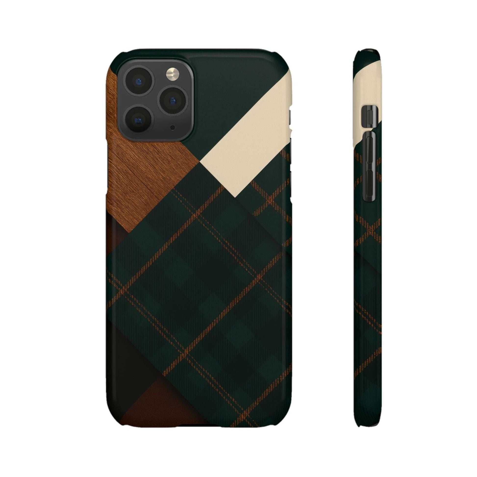 Rustic phone case with green plaid pattern, tan wood-look section, cream diagonal; front view