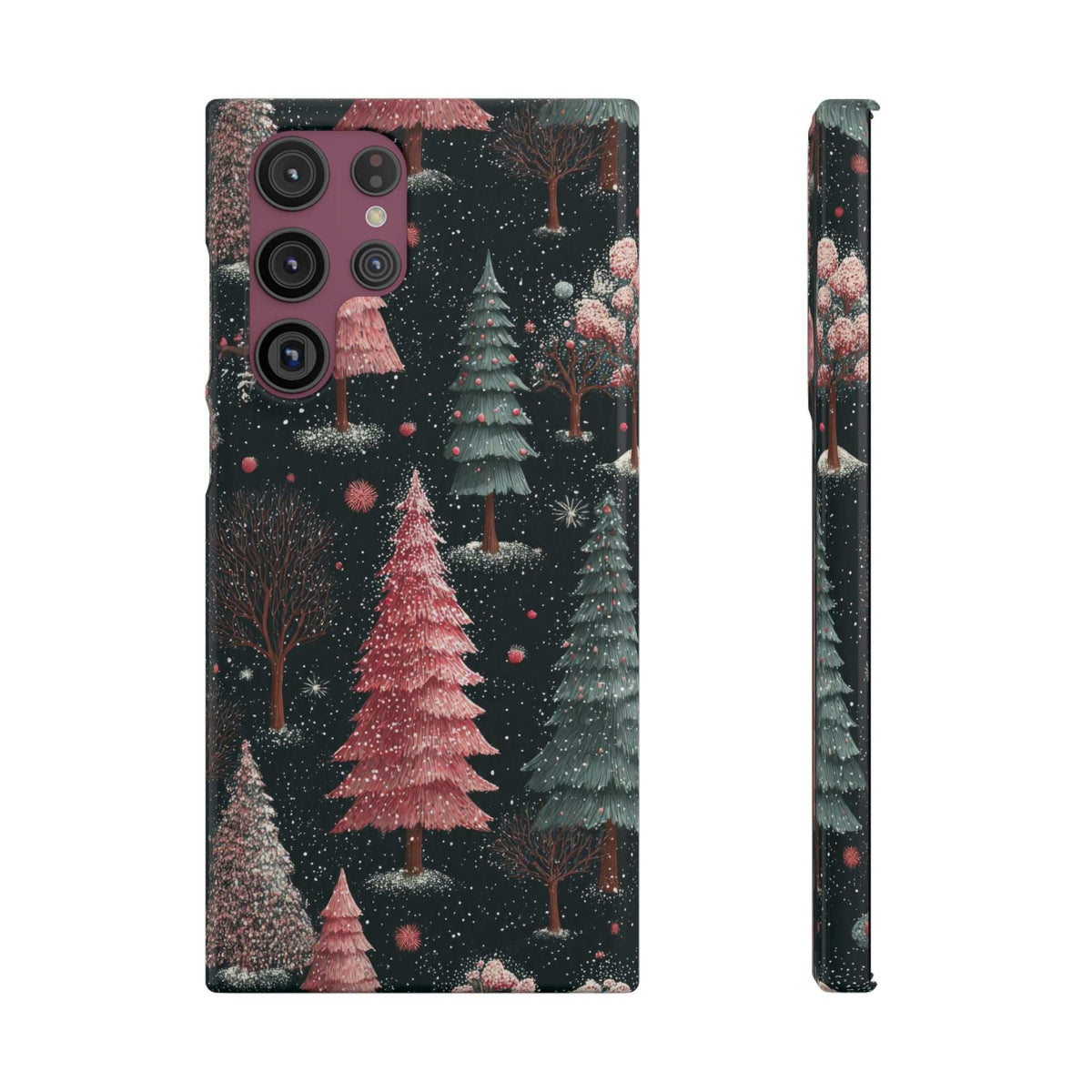 Forest-themed glossy phone case with snowy pine trees and pink-red tones; front view and side profile.