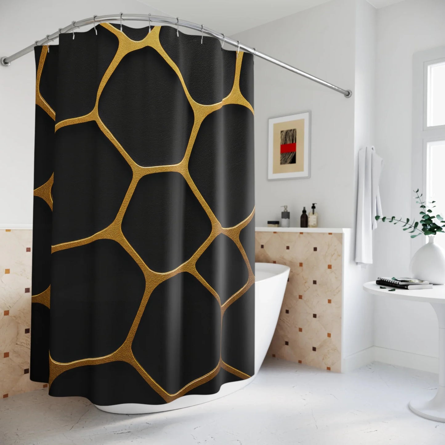 Dark Textured Shower Curtain - Golden Cellscape - KarArmDesign
